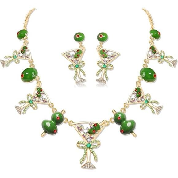 Olive Martini Cocktail Necklace & Earrings Set | Green Olives Jewelry for Women - Picture 7 of 9